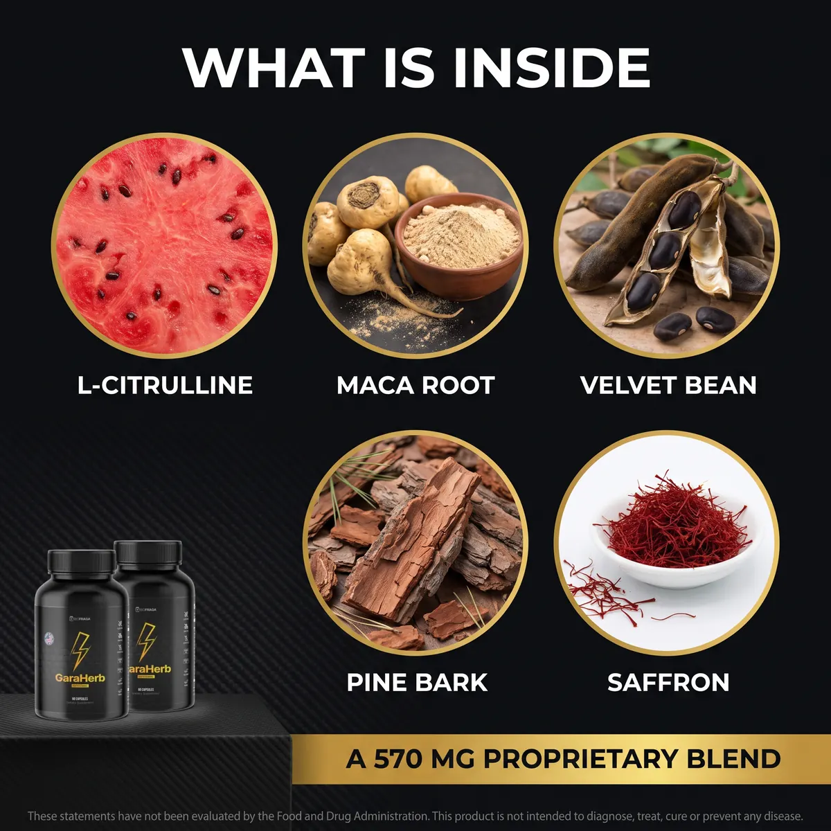 What is inside GaraHerb: L-Citrulline, Maca root, Velvet bean, Pine bark and Saffron in a 570 mg proprietary blend