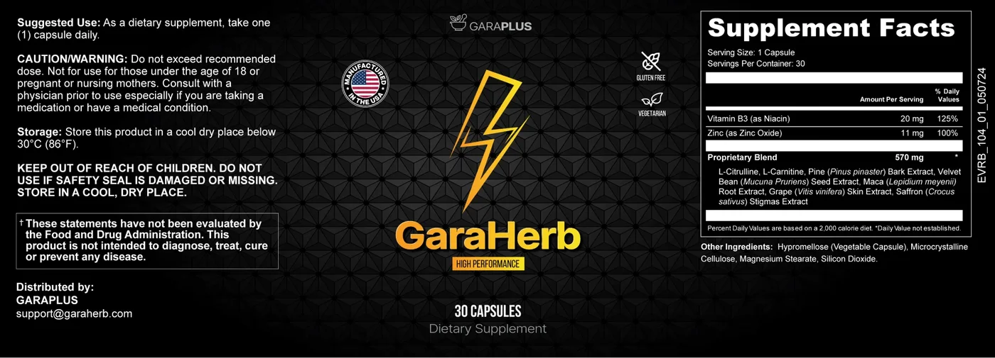 GaraHerb Supplement Facts panel, where trace minerals like boron would be listed with their amounts